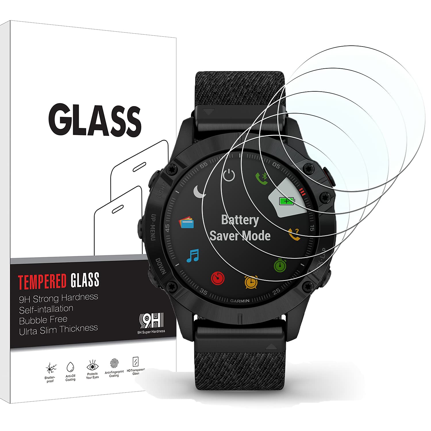 KELOLIN [Pack of 5] for Garmin Fenix 6/6 Pro / 6 Sapphire / 6 Solar Tempered Glass Screen Protector, 9H Hardness, Scratch-Resistant, Anti-Glare, HD Screen Protector Compatible with Garmin Fenix 6/6