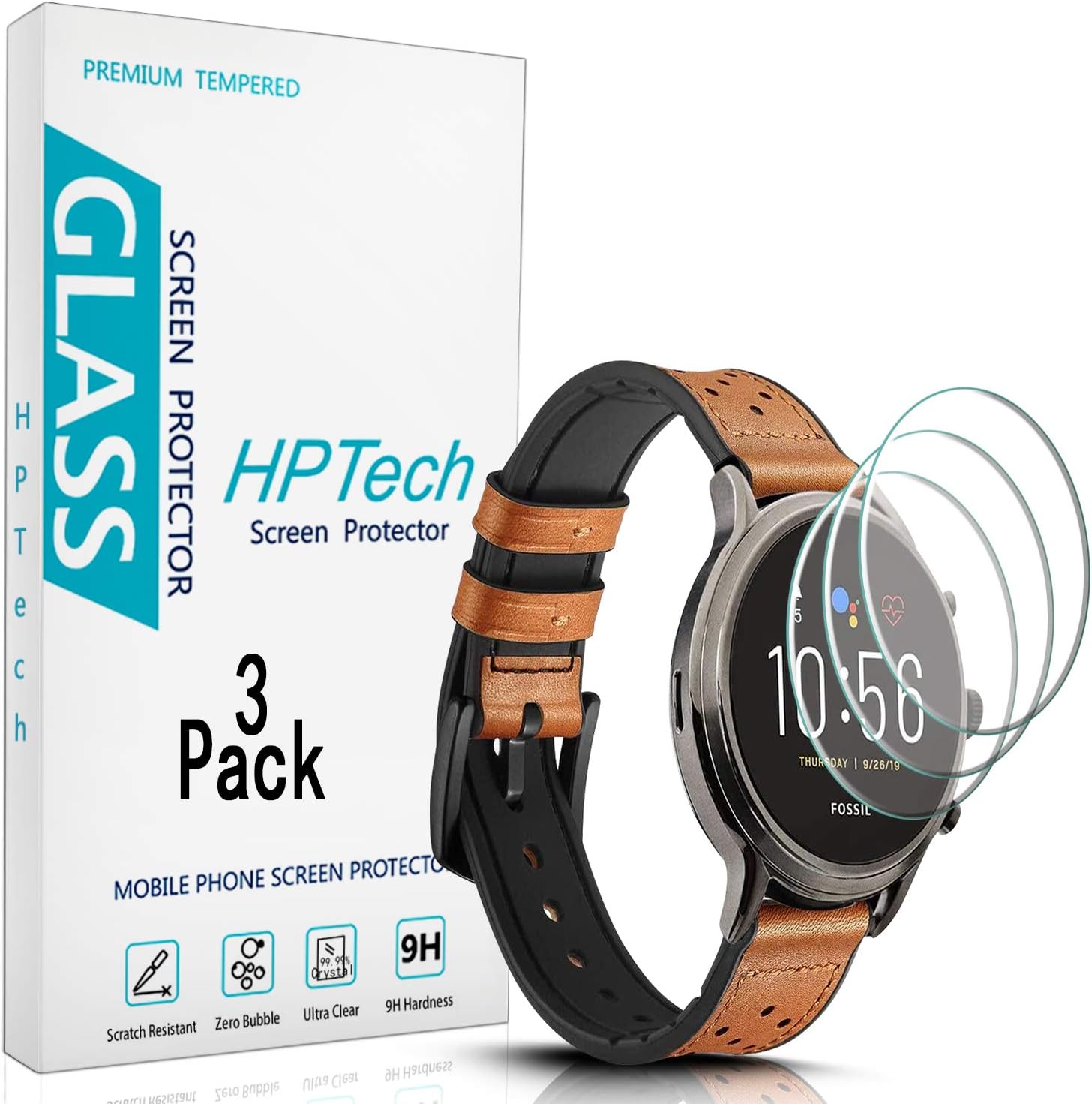 HPTech Fossil Q Explorist HR Gen 4 Screen Protector - (3-Pack) Tempered Glass Film for Fossil Q Explorist HR Gen 4 Easy to Install with Lifetime Replacement Warranty