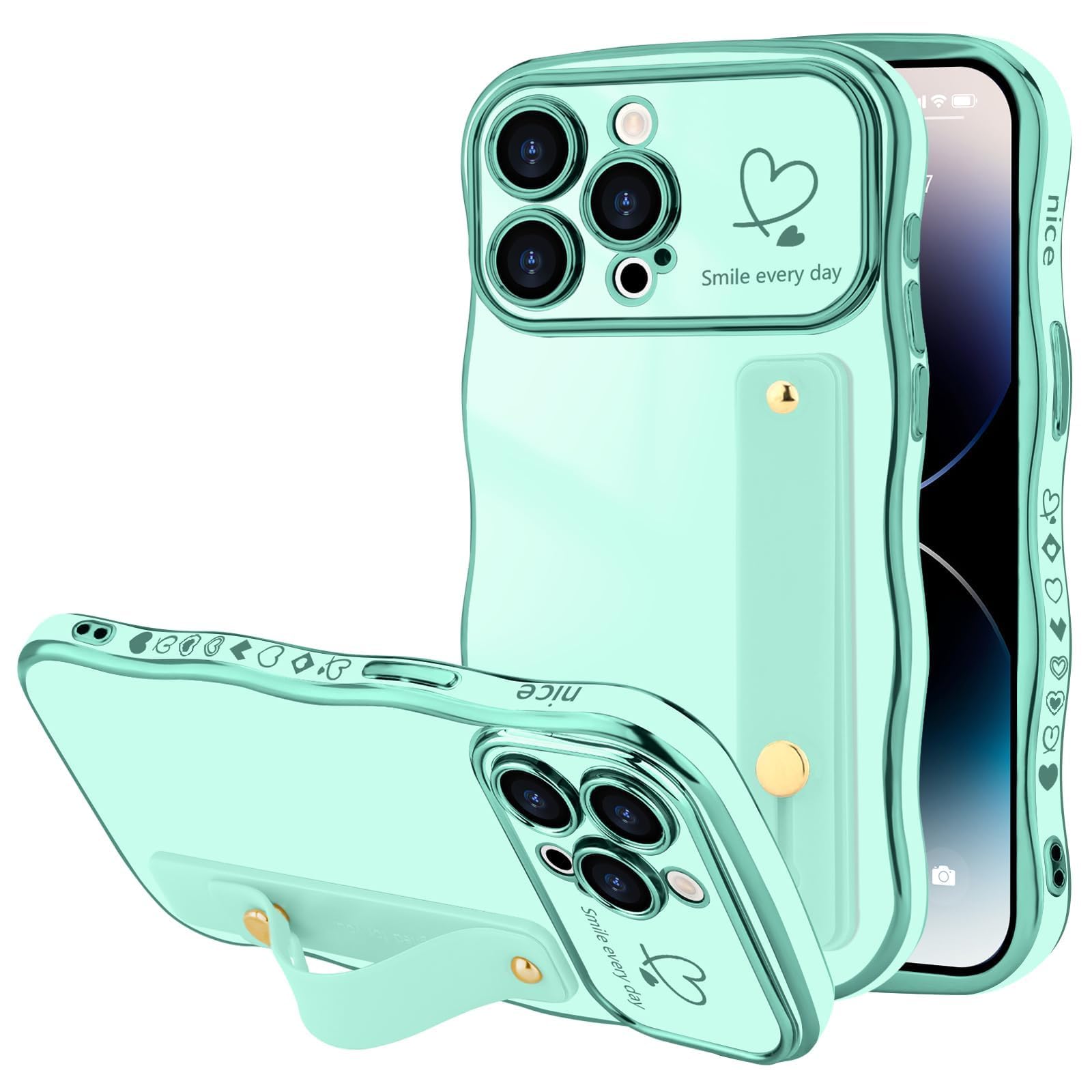 LLZ.COQUE for iPhone 14 Pro Case for Women Girls with Strap, Wave Frame Cute Love-Heart Plating Bling Stand Cover, Raised Full Camera Soft Silicone Protective Phone Case for iPhone 14 Pro, Mint Green