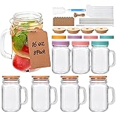 16 oz Mason Jar Cups with Handle,Mason Jar Cups with Lids and Straws,Set include glass straws, stainless steel straws, wooden lids, plastic lids,cup brush, straw brush,Hemp rope, tag 8pack