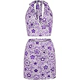 Verdusa Women's 2 Piece Outfit Floral Crop Halter Top and Split Bodycon Sets