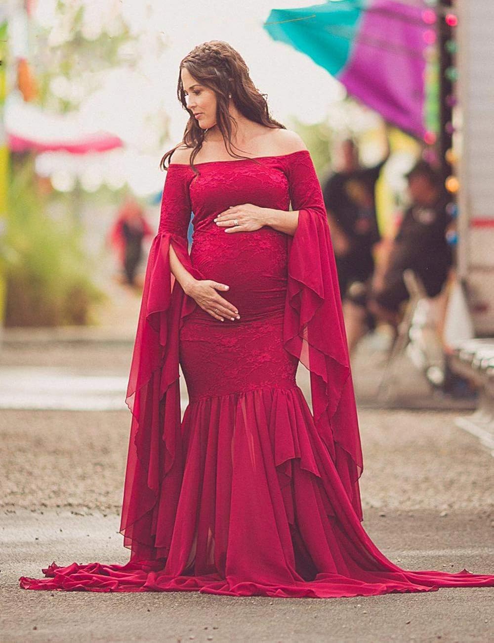 JustVH Women's Off The Shoulder Elegant Fitted Maternity Gown Flare Sleeve Slim Fit Maxi Photography Dress for Photoshoot Burgundy at  Women’s Clothing store