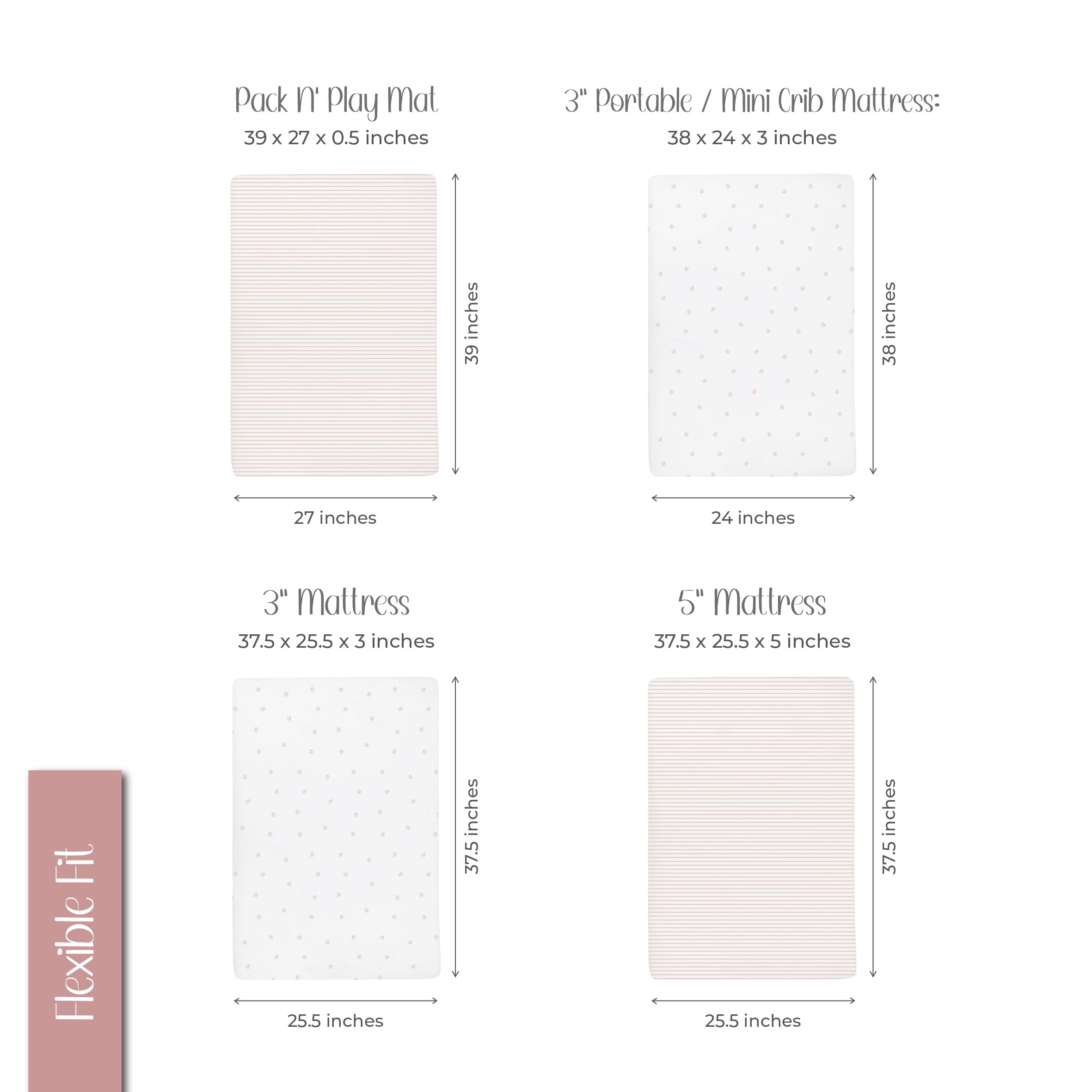 Ely’s & Co. Pack and Play Sheets, for Mini/Portable Crib, 2 Pack Fitted Playpen Play Yard Sheet Set Compatible with Graco Pack n Play, for Baby Girls, 100% Cotton, Pink Tulips and Stripes, 38”x24”x5”