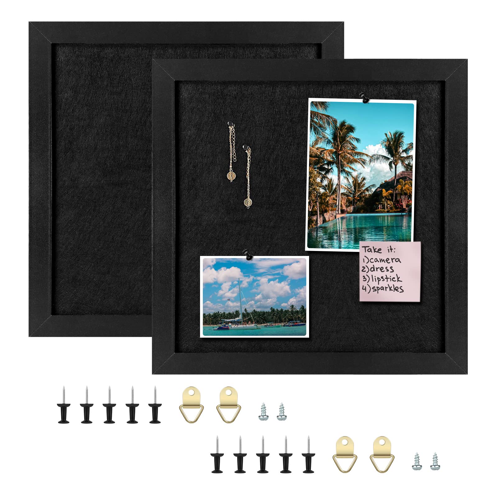 30 * 30cm Cork Board Bulletin Board with Felt, Wood Framed Display Bulletin Board for Walls with Pins, Eye Bolts, gaskets, Screws, Pin Board for Office, School and Home(BK,2P)