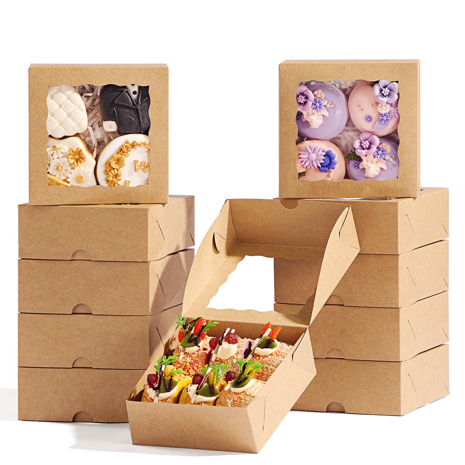 Photo 1 of 100 Pcs 5x5x2Inches Boxes for Baked Goods Bakery Boxes with Window for Treat, Cake, Cinamon Rool,Cookies,Chocolate Covered Strawberries & 5inch Favor Box Candy Gift Packing