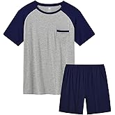 MoFiz Men's Sleep Sets,Modal Pajamas Set Ultra Soft Sleepwear Short Sleeve Top & Bottom PJS Lounge Set 2 pieces