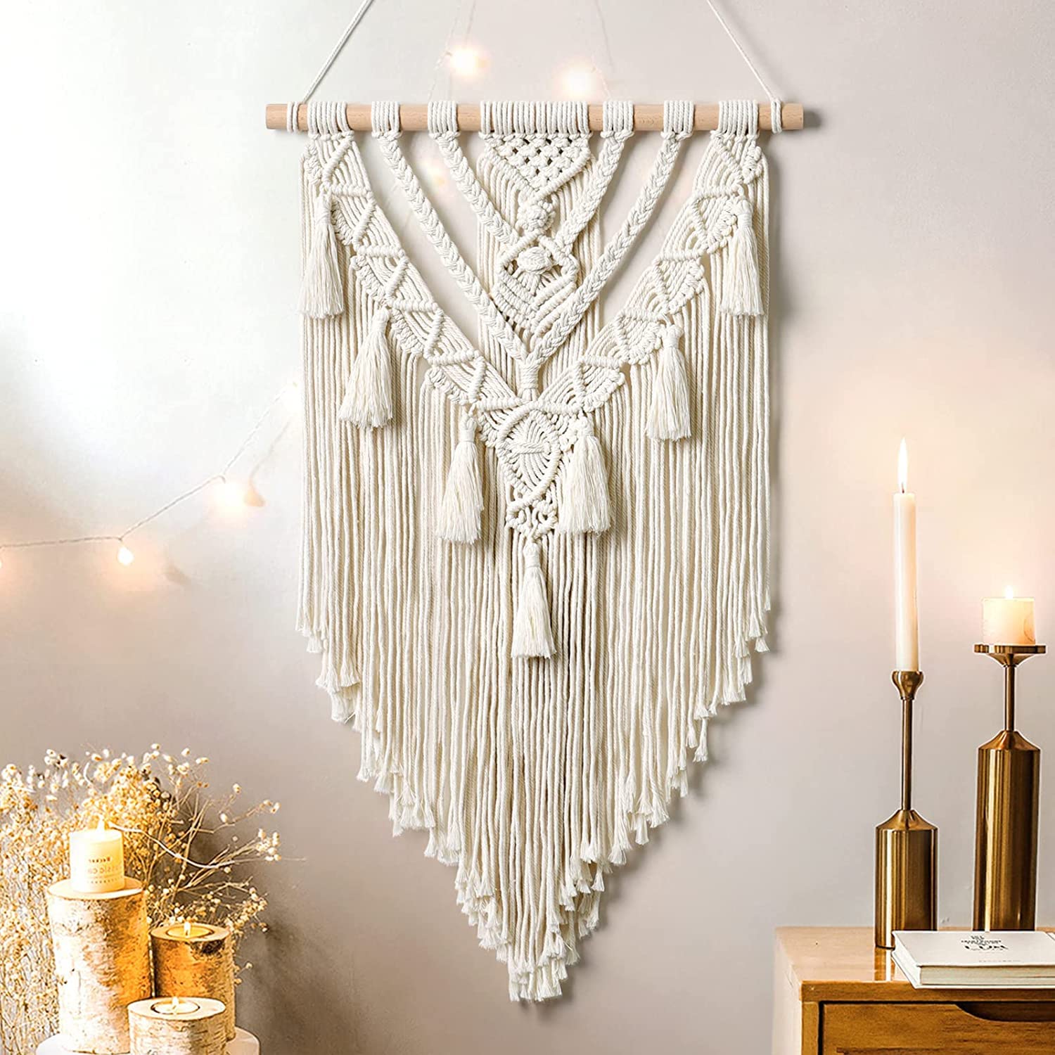 Dremisland Geometric Macrame Wall Hanging Beige Woven Tapestry with Tassel Cotton Handmade Bohemian Craft Ornament Boho Wall Art Decor for Bedroom Living Room Apartment Nursery 40x70 cm
