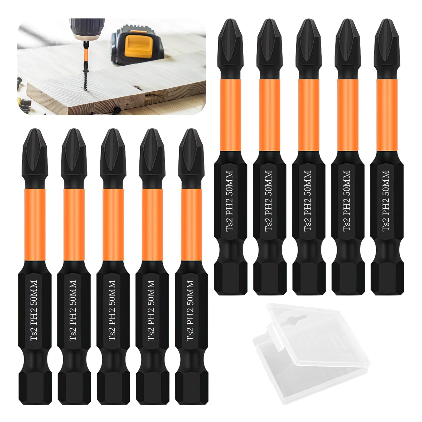 PH2 Impact Duty Phillips Screwdriver Drill Driver Bits Sets, 10pcs with Hex Shank, 50mm Anti Slip Strong Magnetic Ended Screwdriver Bit for Furniture Assembly, Machinery Maintenance