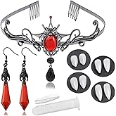 Aswitnove 6 Pcs Goth Vampire Accessories with 4 Sizes Vampire Fangs Dark Bat Vampire Earrings Vampire Red Stone Comb Headpiece Tiara Halloween Costumes Makeup Props for Women Party Cosplay