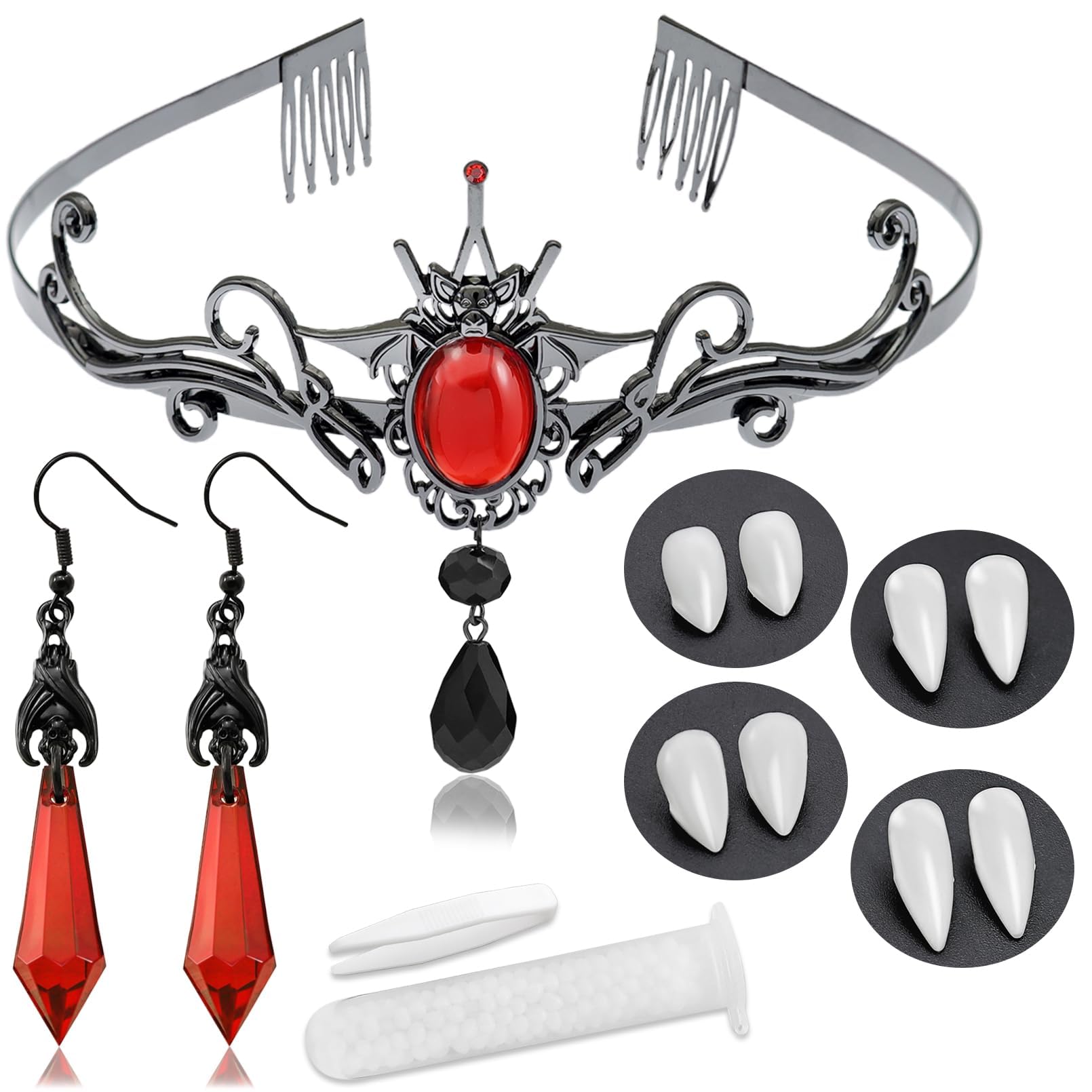 Photo 1 of *MINOR DAMAGE - USED*
Aswitnove 6 Pcs Goth Vampire Accessories with 4 Sizes Fangs, Dark Bat Earrings, Red Stone Comb Headpiece Tiara, Halloween Costume Makeup Props for Women Party Cosplay Black