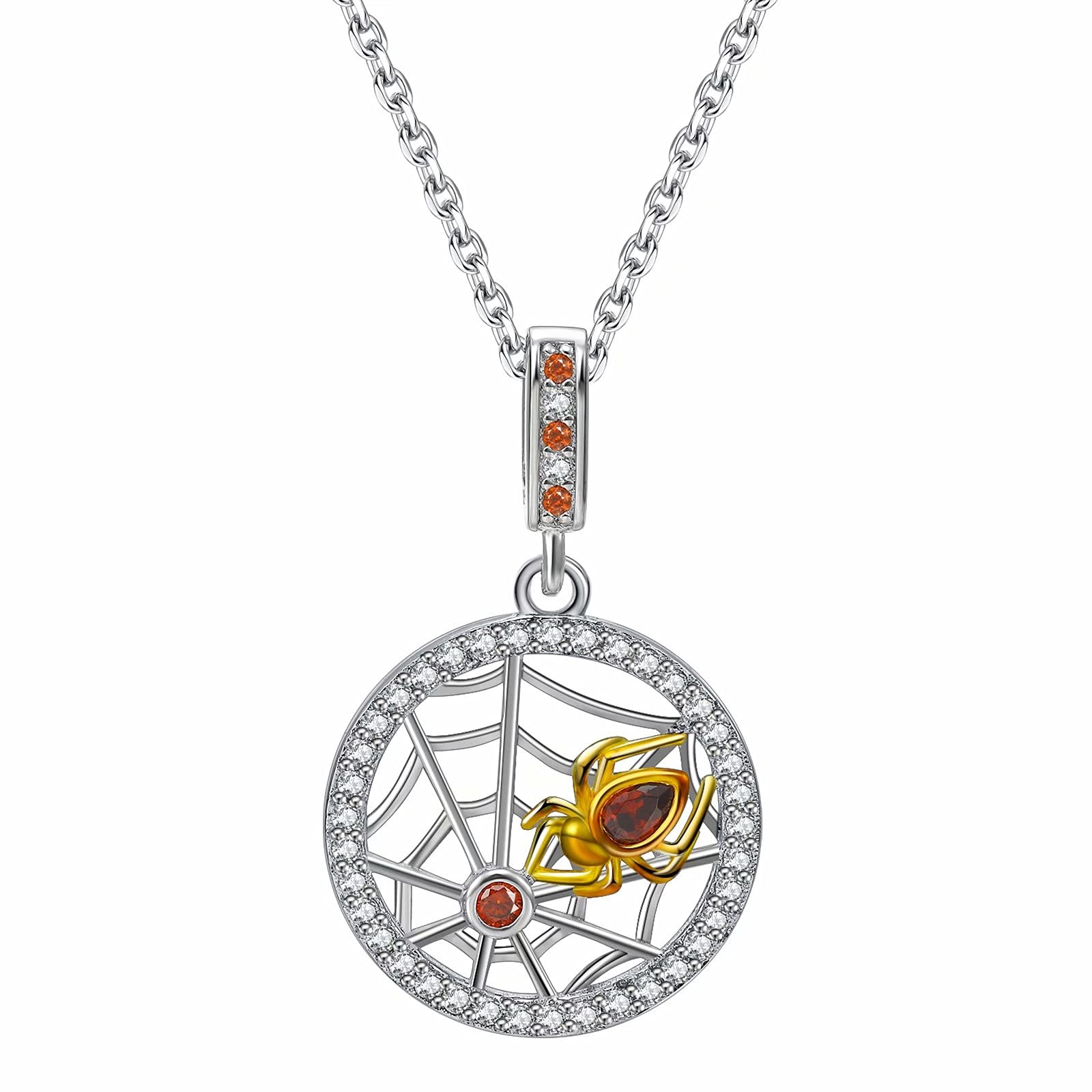 Presentski Spider Web Halloween Necklace 925 Sterling Silver Platinum Plated Creative Pretty Pendant Sparkling White Orange Zircon