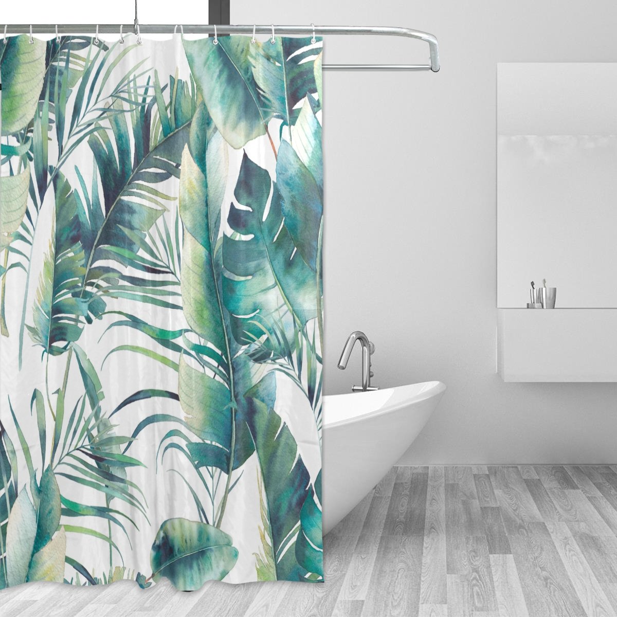 JSTEL Shower Curtain 72 x 72 Inches Mildew Resistant Waterproof Polyester Fabric Extra Long Bathroom Decorative Shower Palm Tree Leaves Bath Curtains liner with 12 Hook