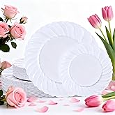 U-QE 60 Pcs White Plastic Plates for Party – Scalloped Plastic Plates Heavy Duty & Elegant – Include 30 10" Dinner & 30 7" Dessert Plate - Perfect for Party & Wedding