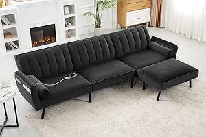 DURASPACE Velvet Sectional Convertible Sofa, 107" L Shape Sectional Sofa Couch with Chaise, Split Back Folding Futon Couches for Living Room (Charcoal Grey)