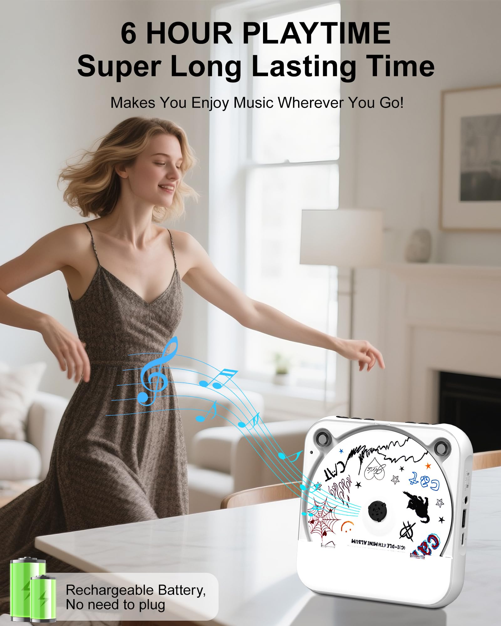 ENVYCLOUD CD Player Portable with Dual Stereo Speakers, Rechargeable Portable CD Player with Bluetooth for Home with Headphones, Support CD/AUX/USB, White