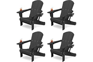 KINGYES Folding Adirondack Chair Set of 4, Dual Cup Holders & All-Weather HDPE, Wood-Like Patio Chair for Backyard, Camping, Pool & Fire Pit, Black