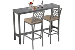 ONLYCTR Outdoor Bar Table and Chairs Set, 3 PCS Patio Bar Table Set with Cushioned Stools, Bar Height Set for Patio, Garden, Yard, Balcony, Poolside (Grey, 55" Table, 2 X-Back stools)