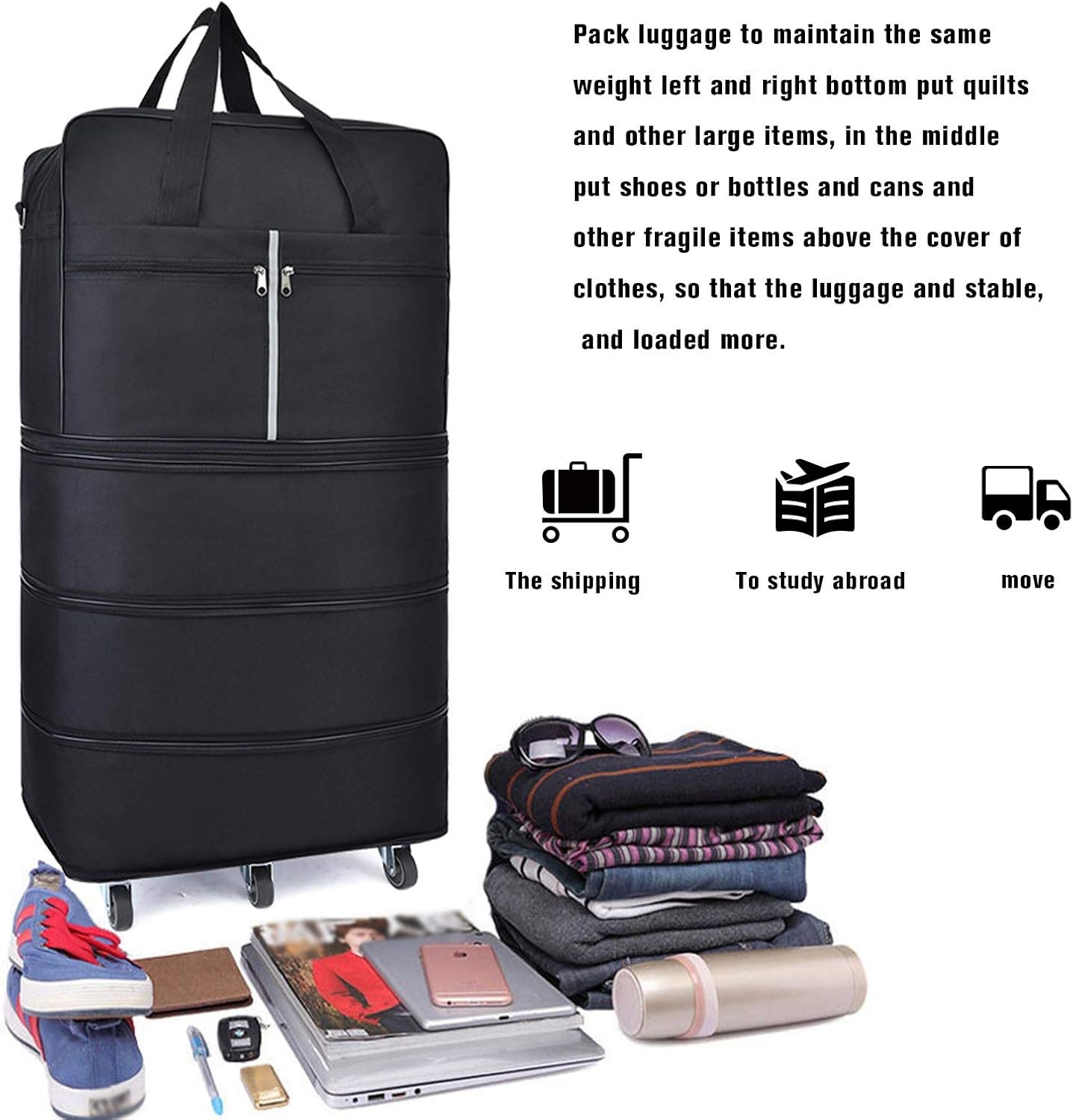 Folding Wheeled Duffel Bag, Rolling Travel Ripstop Extra Large Carry-On ...