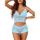 Lilosy Sexy Sheer Floral Lace Pajamas Lingerie Set High Waist Sleepwear Bra and Panty 2 Piece Nightwear