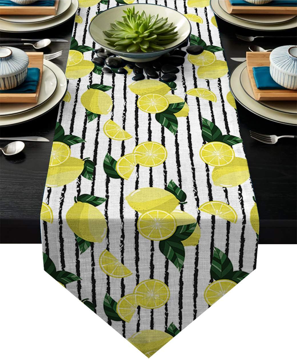 Fandim Fly Table Runner Yellow Lemon on Striped Paintbrush Background Art Table Runners for Catering Events, Dinner Parties, Wedding, Indoor and Outdoor Parties, 16 x 72 Inch
