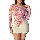 RoseSeek Women's Off Shoulder Tie Dye Mesh T Shirt Long Sleeve Asymmetrical Hem Ruched Fitted Tee Tops