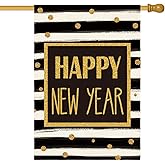AVOIN Happy New Year Watercolor Stripes Polka Dot House Flag Vertical Double Sided, Winter Holiday Party Yard Outdoor Decoration 28 x 40 Inch