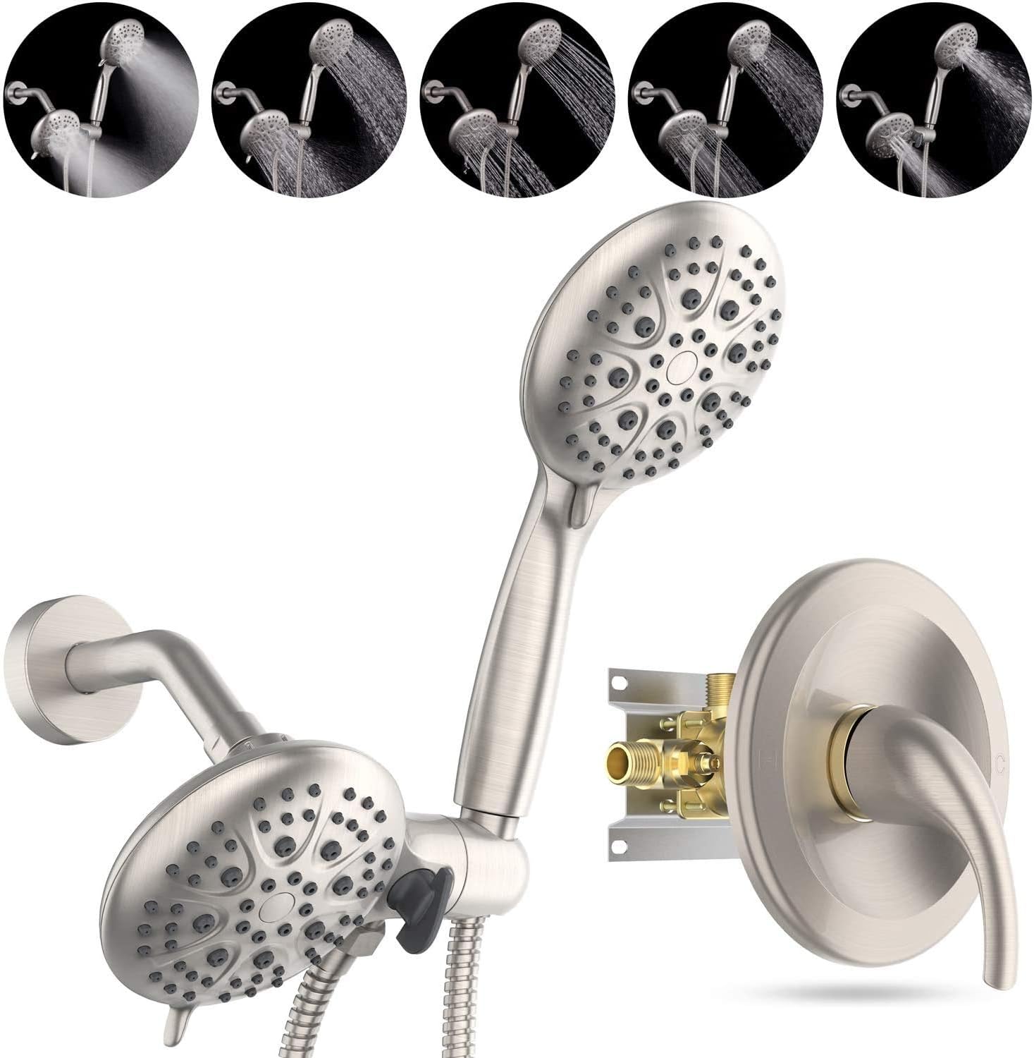 SR SUN RISE Shower System with Handheld Showerhead & Rain Shower Combo Set. High Pressure 35-Function Dual 2 in 1 Shower Faucet with Valve, Patented 3-Way Water Diverter in All-Brushed Nickel - - 