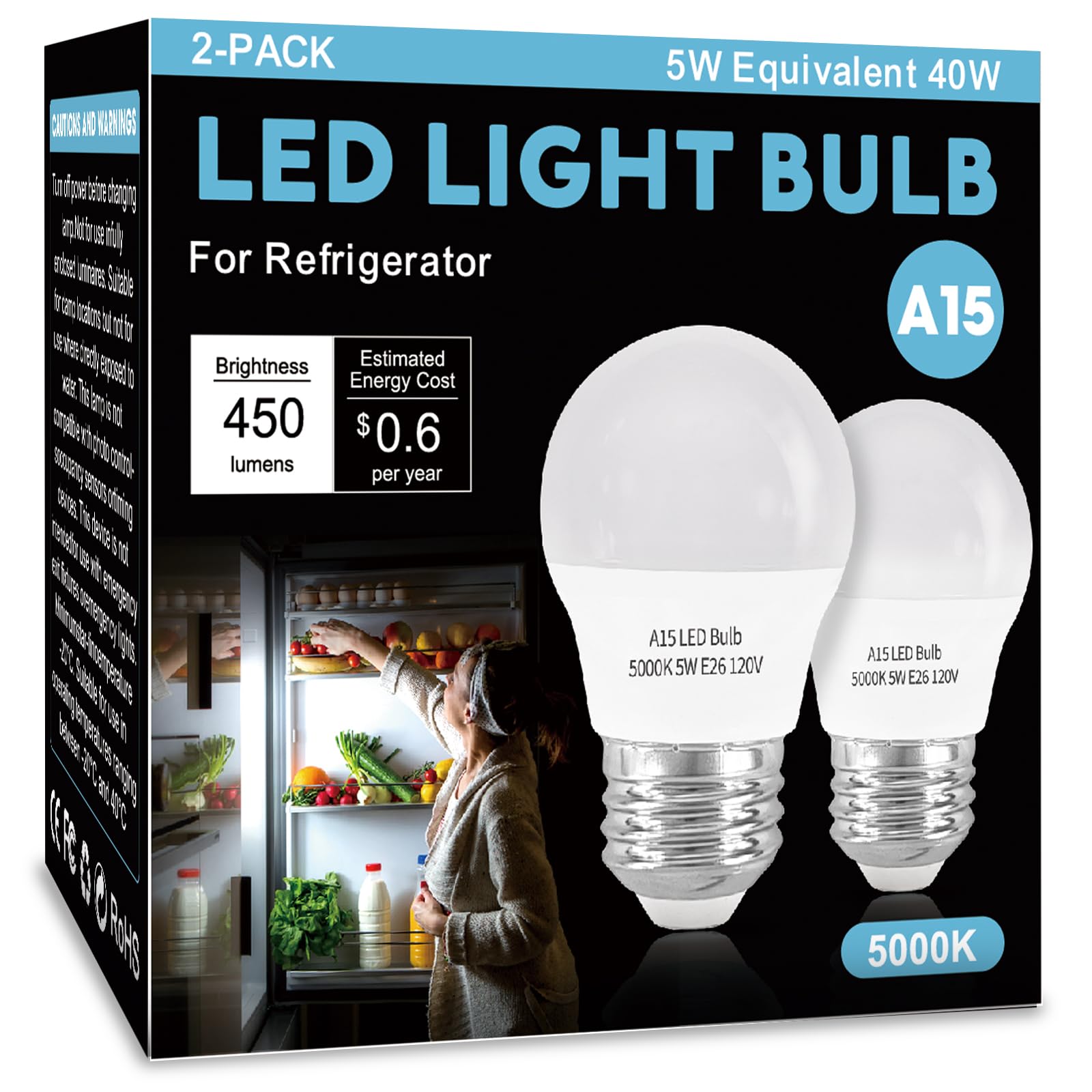 Photo 1 of LOXYEE LED Refrigerator Light Bulb 2 Pack?Daylight White 5000K 120V 40W Equivalent Appliance Bulb?A15 5W E26 Base Waterproof Fridge Light Bulbs for Freezer Home Lighting,Small Light Bulb,Dimmable