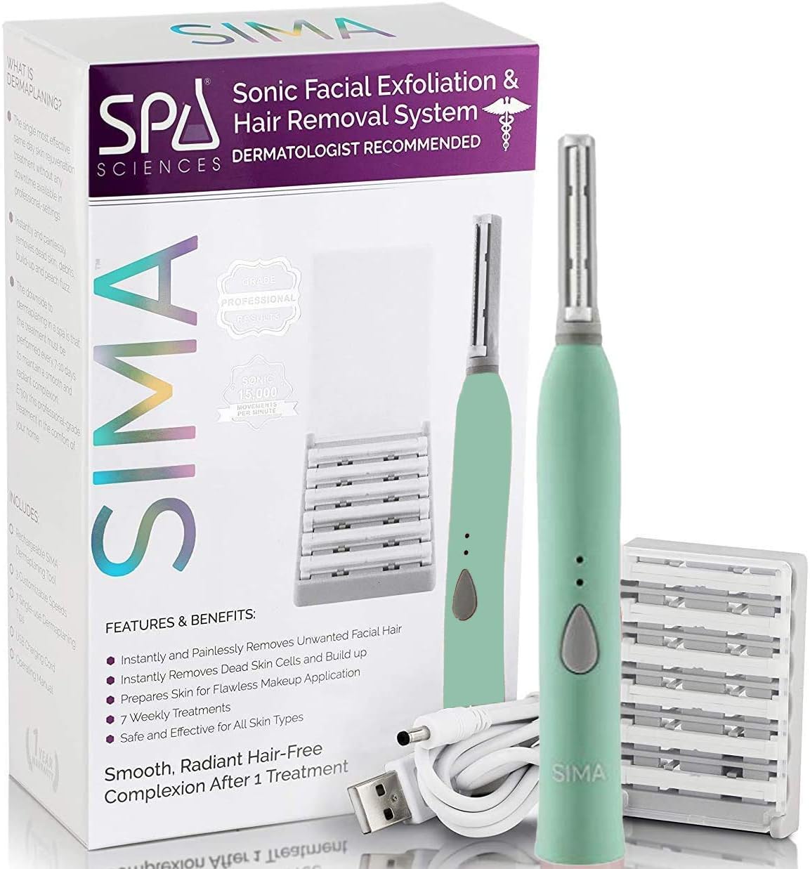 Spa Sciences SIMA Sonic Dermaplaning Tool-Professional & Painless 2 in 1 Facial Exfoliation & Peach Fuzz-Hair Removal System w/ 7 Weeks Treatment Included|Anti-Aging|3 Speeds|Rechargeable