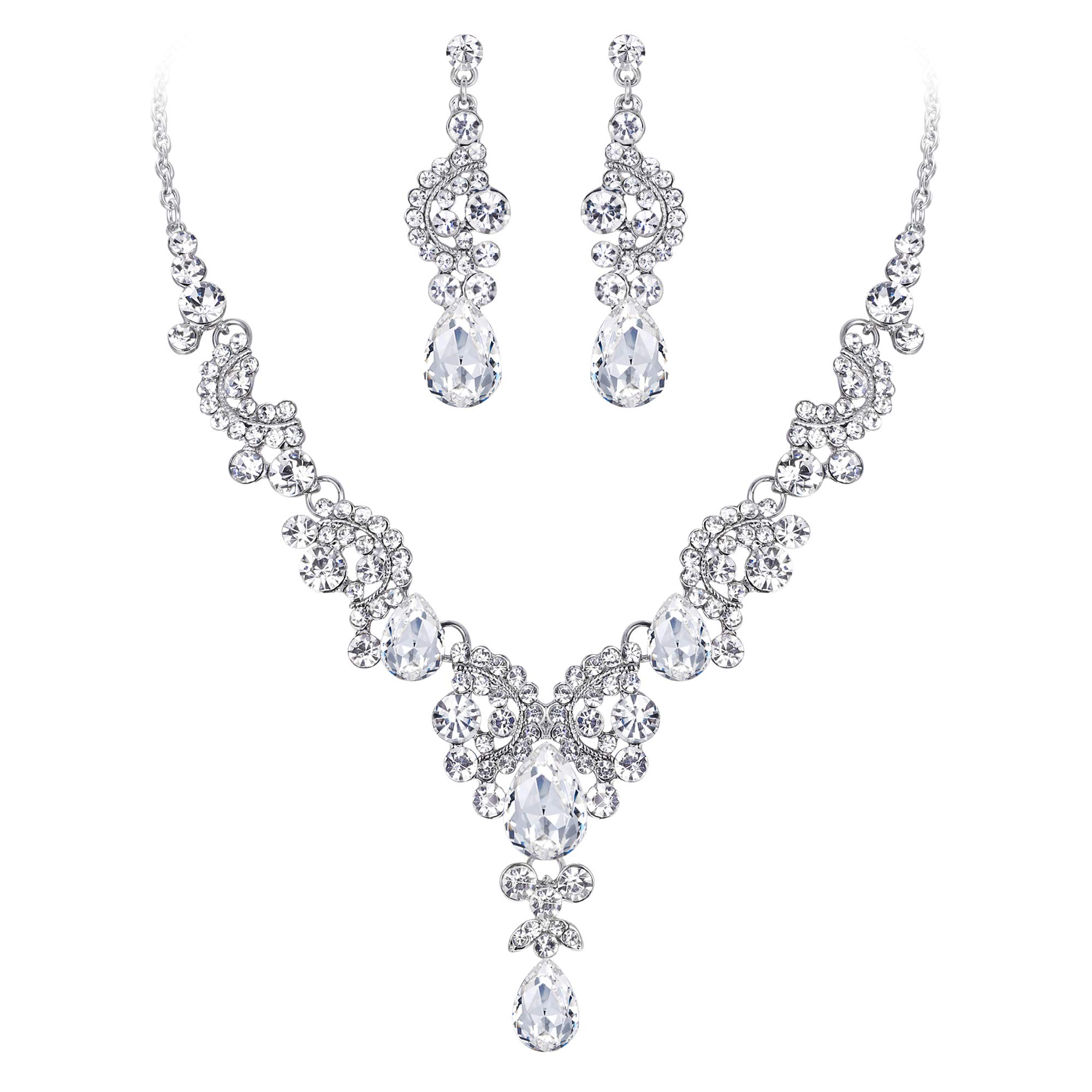 Ever Faith Jewellery Sets for Women Wedding Rhinestone Crystal Floral Wave Teardrop Necklace Earrings Set for Brides Bridal Clear Silver-Tone