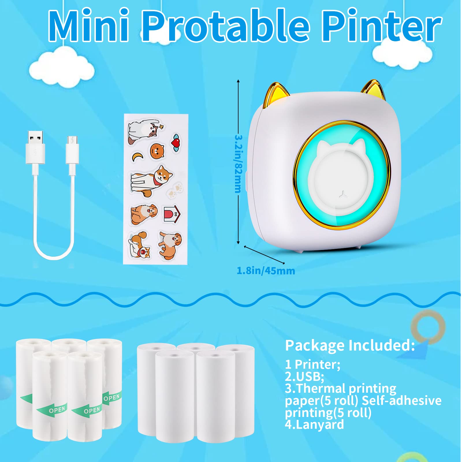 HuiJuKeJi Mini Sticker Printer Pocket Inkless Thermal Printer with RGB Light for iOS&Android, 10 Rolls Thermal Paper and Sticker, Bluetooth Smart Portable Receipt Printer for Photo Journal Notes Memo