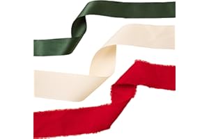 Christmas Gift Wrapping Ribbon Set, 3 Rolls, 60 Yards Total, Red Frayed Velvet, Green Satin & Cream Grosgrain Holiday Ribbons by Merry Market (Bundle 5)