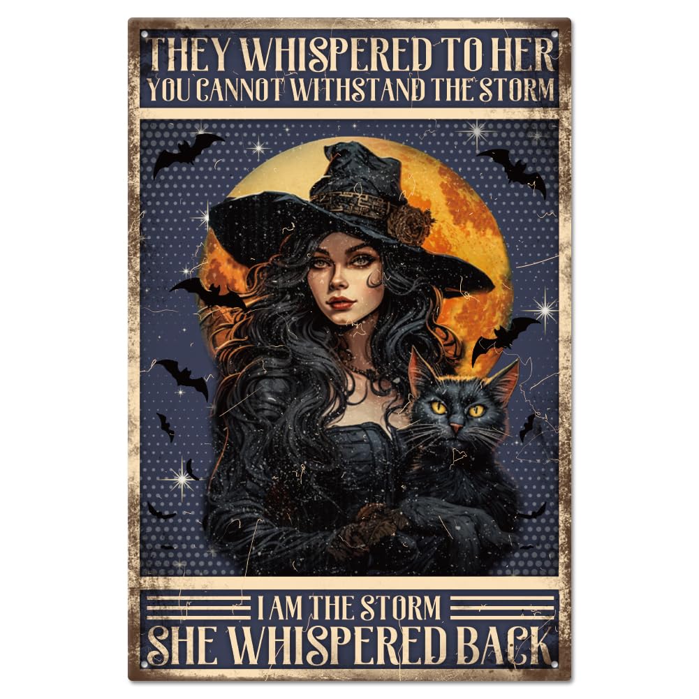 GLOBLELAND Witches Day Metal Tin Sign for Garage, Garden, Home, Bar, Club, Orchard - Funny Black Cat Art Plaque Poster Wall Decor - 12x8in/30x20cm