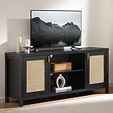 SICOTAS Rattan TV Stand for Living Room - 26" Tall Farmhouse Entertainment Center with Storage and Wicker Door, Media TV Console Cabinet for TVs Up to 65 Inch, Black Oak