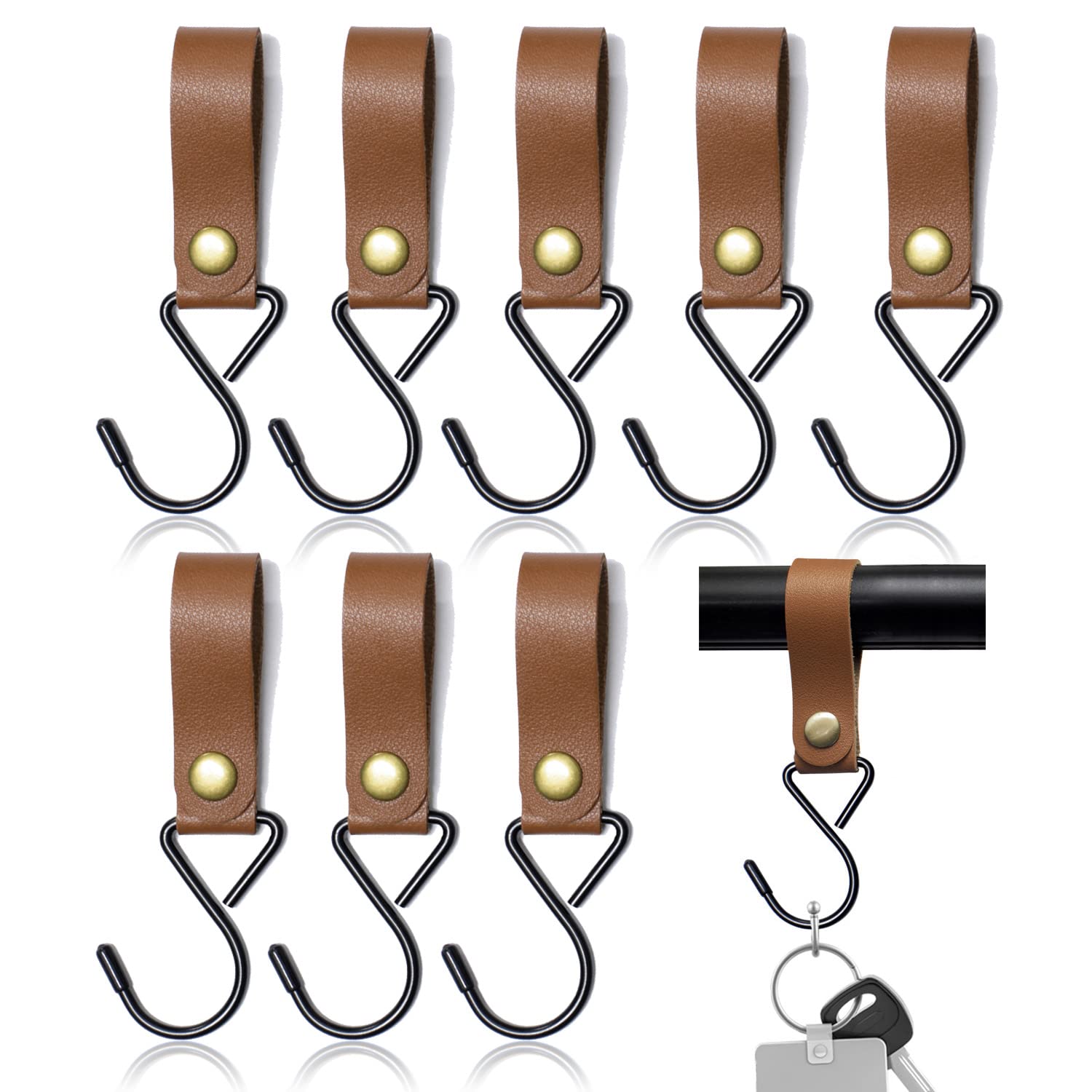 Modixun 8pcs Leather S-Hooks, S Shaped Hooks for Hanging, Camping Clips, Stroller Holders, Leather Fasteners for Coat Towel Kitchen Bathroom, Brown