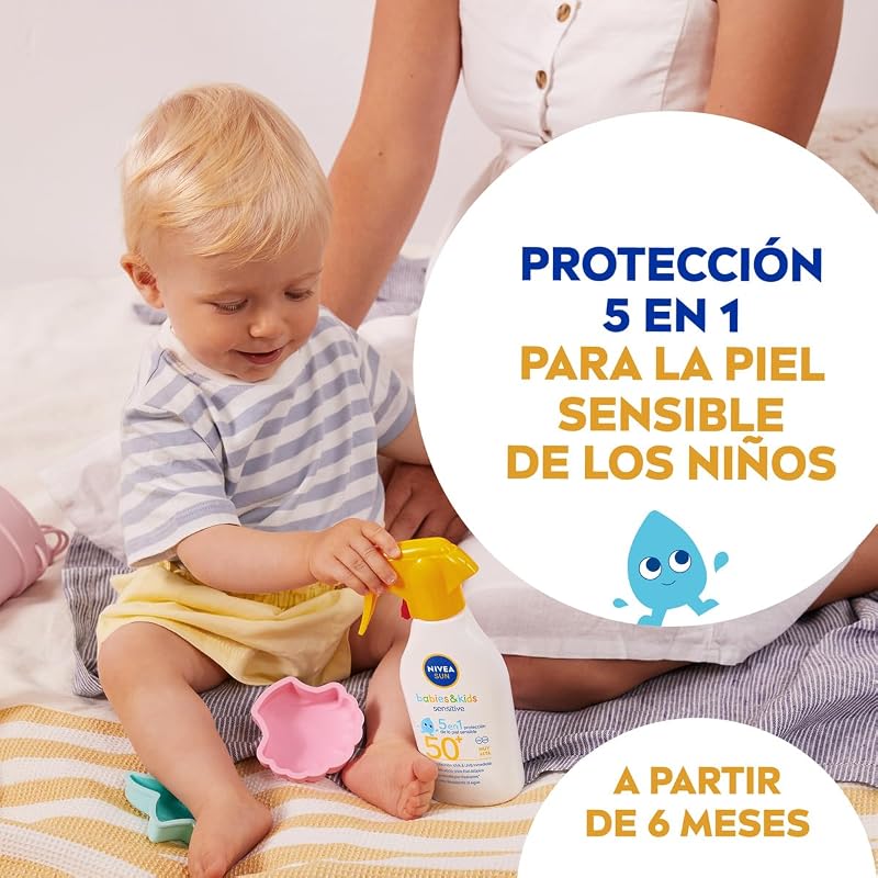 Nivea sun babies & kids sensitive spray fp50+ (1 x 270 ml), protetor solar à prova d'água para peles sensíveis, creme para bebês e crianças