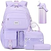 ACESAK Backpack for Girls with 14oz Insulated Water Bottle, Girls Laptop Backpack for Teen Women, Kids Water Bottle Stainless Steel, Lunch Bag & Pencil Pouch, Back To School Gift (Purple)