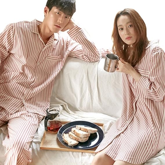 Amazon テンカ ペア パジャマ ワンピース ルームウェア 上下セット レディース メンズ 綿 長袖 ストライプ 前開き 部屋着 寝間着 カップル ギフト 結婚祝い 結婚記念日 ピンク Xl パジャマ 通販