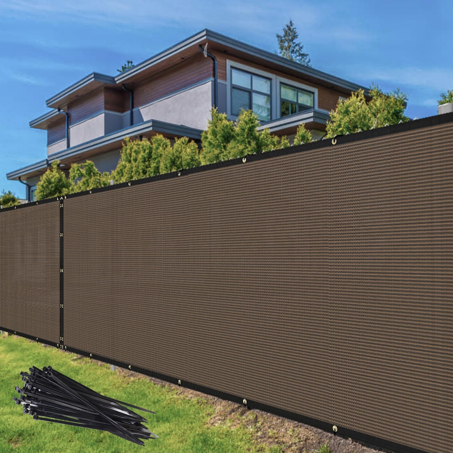 TANG 4' x 19'10" Privacy Fence Screen Brown Shade Cloth with Grommets, Chain Link Fence Panels Outdoor Mesh Fabric Fencing, Balcony Windscreen Cover,Temporary Garden Fencing for Yard Deck Pool Image
