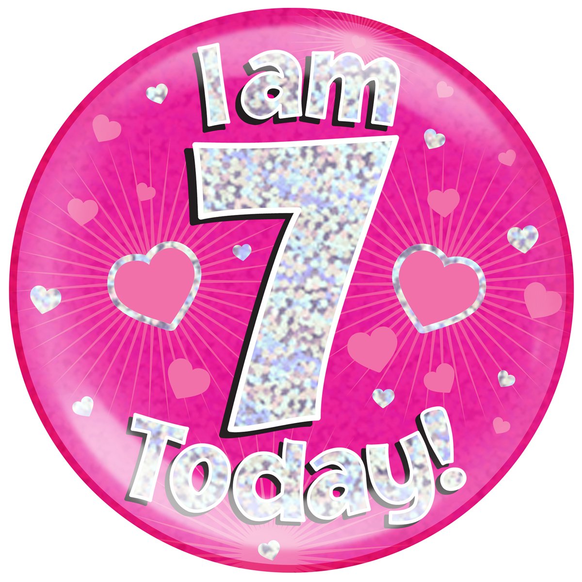 6" Jumbo Badge I am 7 Today Pink Holographic Dot