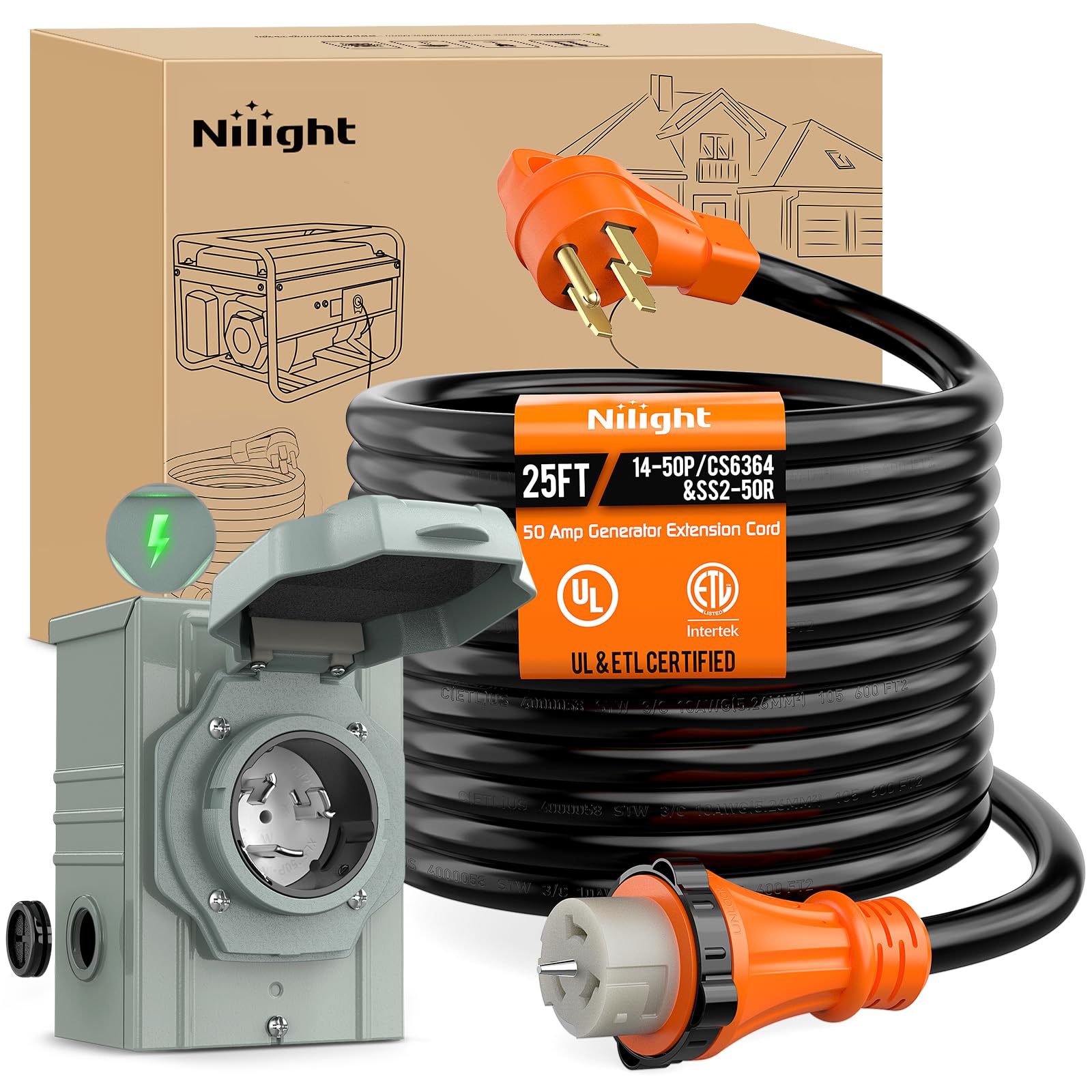 Nilight 50A 25FT Generator Extension Cord and Power Inlet Box 125/250V Heavy Duty 6/3+8/1 Gauge STW ETL Listed NEMA 14-50P/SS2-50R Twist Lock Connector for RV Outdoor Use Image