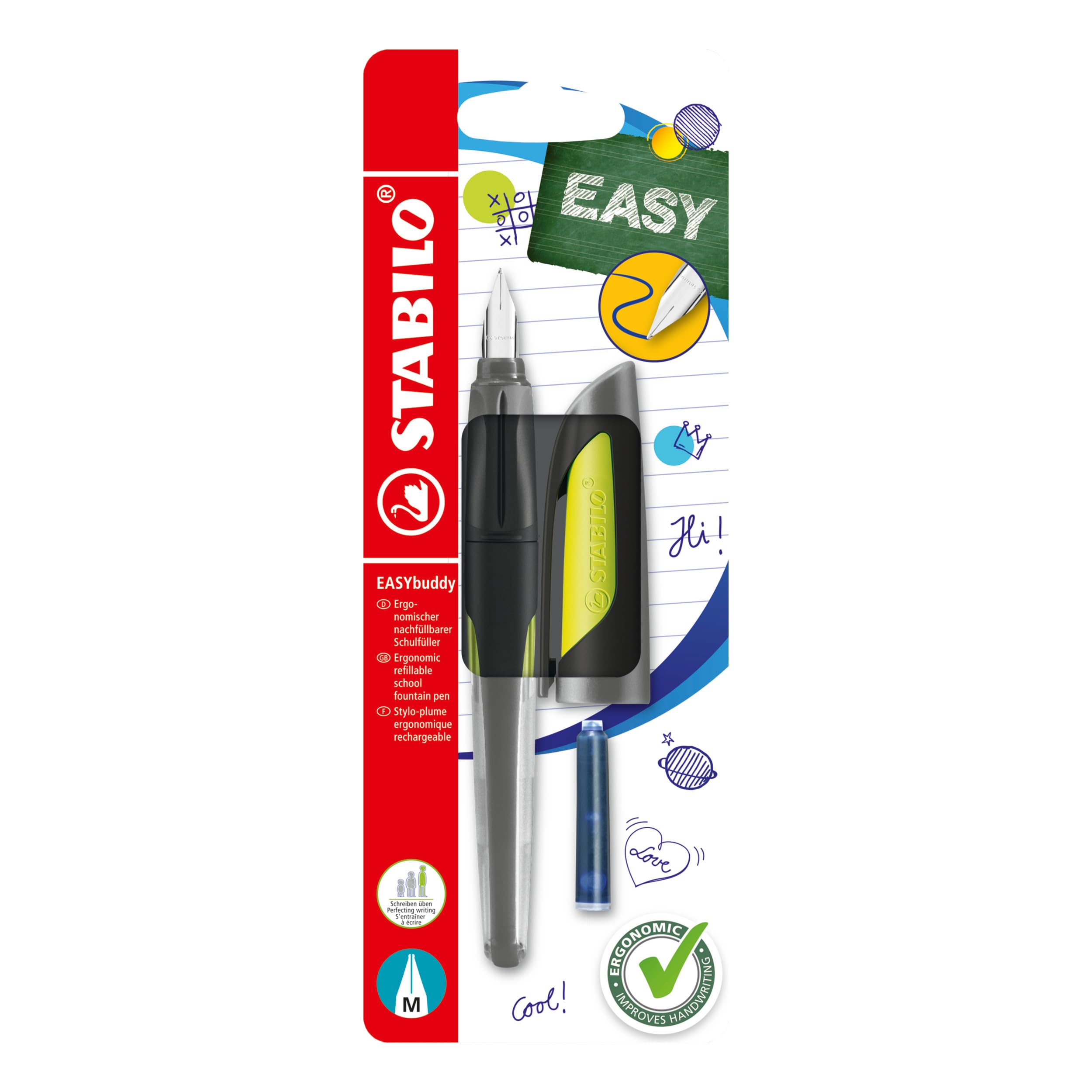 STABILO EASYbuddy - Ergonomic School Fountain Pen - M-Nib (Medium) - Right-Handed - Pack of 1 - Black/Lime including Blue Ink Cartridge