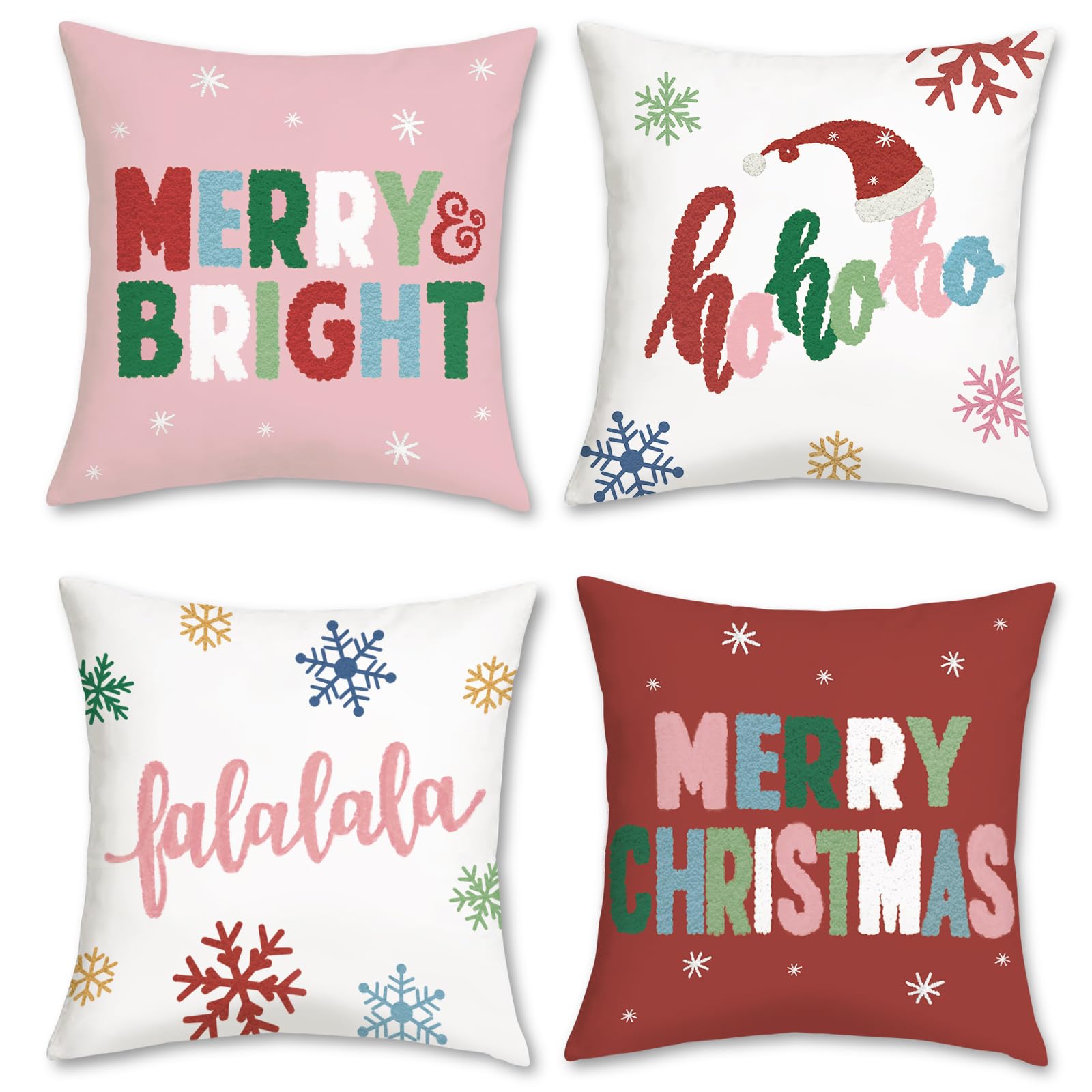 Bonhause Merry Christmas Cushion Covers 45 x 45 cm Merry & Bright Snowflakes Pink Red Decorative Throw Pillow Covers for Sofa Bed Home Winter Holiday Decor Set of 4