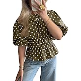Cicy Bell Womens Polka Dots Peplum Tops Summer Puff Short Sleeve Round Neck Blouses Trendy Casual Shirts