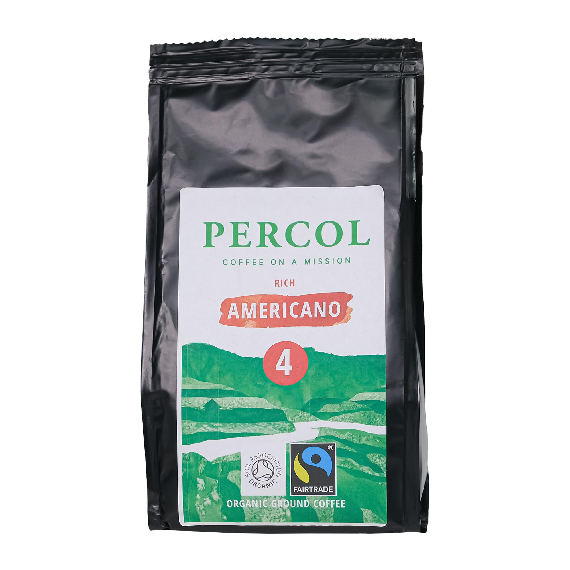 Percol - Rich Americano Blend Ground Coffee (6x200g), 100% Fairtrade Organic Hand-Picked Arabica Beans, Milk Chocolate & Walnut Notes, Strength 4, Sustainable, Plastic-Free Eco Pouch, Compostable Bag