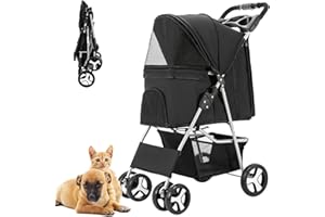 LPOTIUS Pet Stroller for Medium Small Dogs and Cats, One-Hand Folding Portable Travel Cat Dog Stroller with Storage Basket and Cup Holder, 4 Wheels, Black