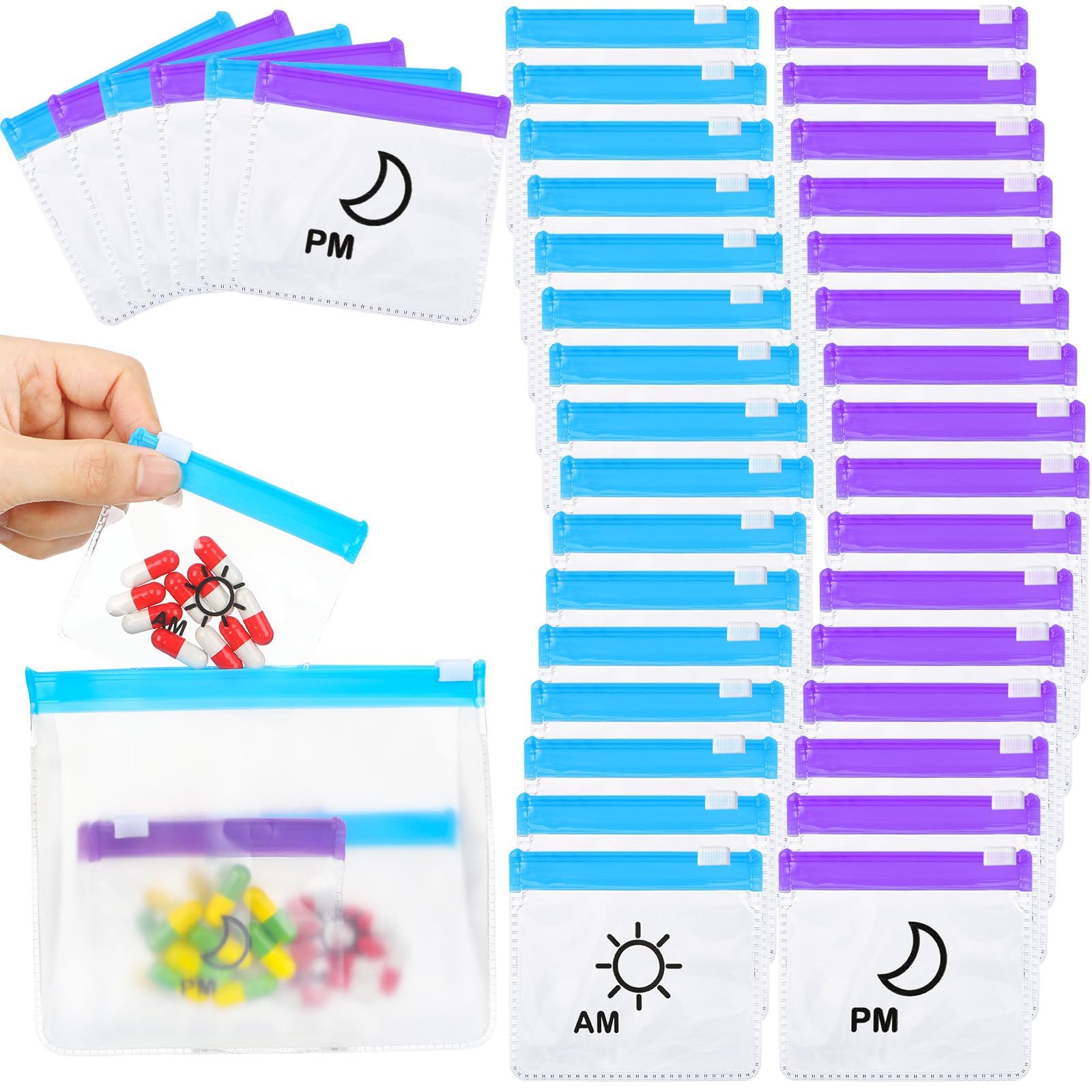 Photo 1 of 56 Pcs AM PM Pill Pouches Bags Travel Pill Bags Zippered Medicine Organizer Day and Night Pill Bag Reusable Plastic Pill Baggies with Slide Lock Monthly Pill Organizer 2 Times a Day (Blue, Purple)