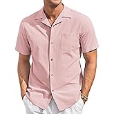 COOFANDY Mens Casual Cotton Linen Shirt Short Sleeve Button Up Shirts Summer Beach Top Pink