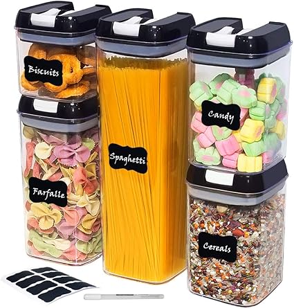 5 Stuks Voedsel Opslag Containers Met Deksels Tcebuy Luchtdichte Voedsel Containers Set Voedsel Kwaliteit Plastic Granen Containers Voor Opslag Bpa Gratis Stapelbare Spaghetti Pot Zwart Amazon Nl