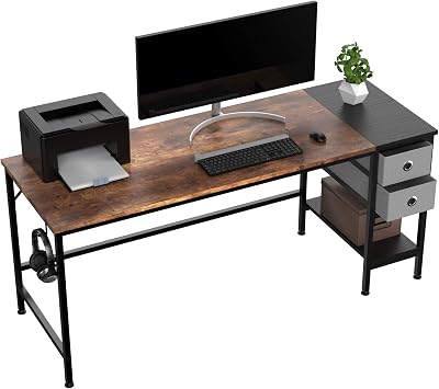 HOMIDEC 160 cm Computer Desk with Drawers, Headphone Hook, Modern Style